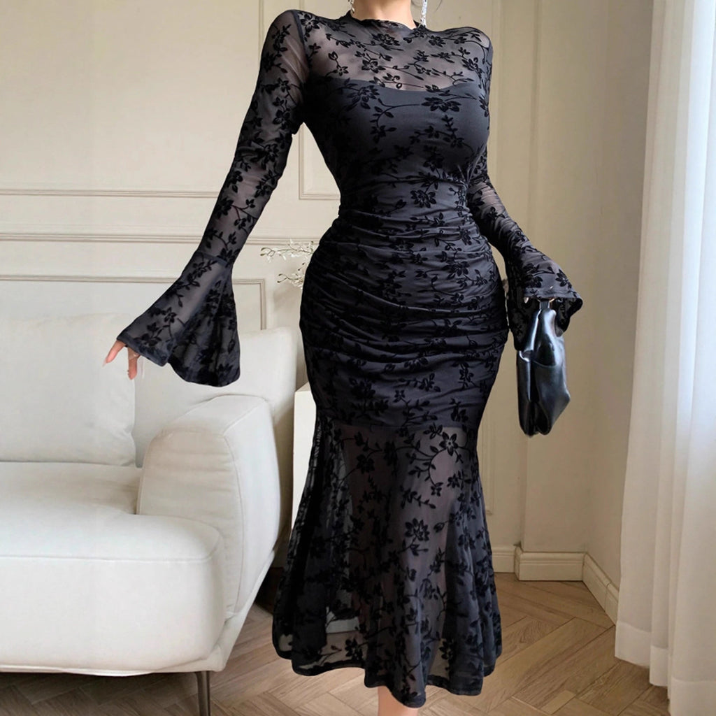 Flocked Mesh Trumpet-sleeve Mermaid Skirt