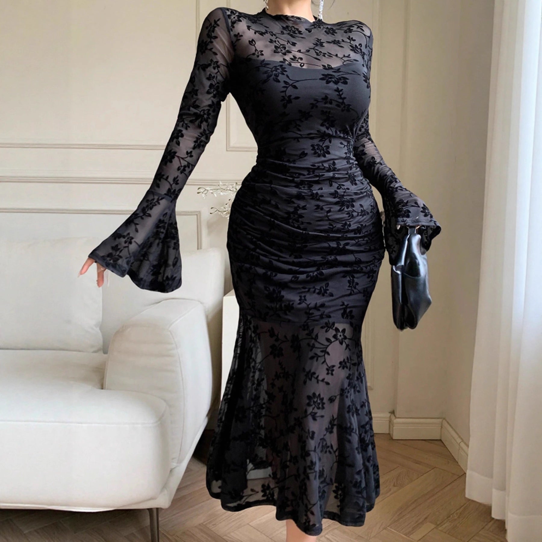 Flocked Mesh Trumpet-sleeve Mermaid Skirt