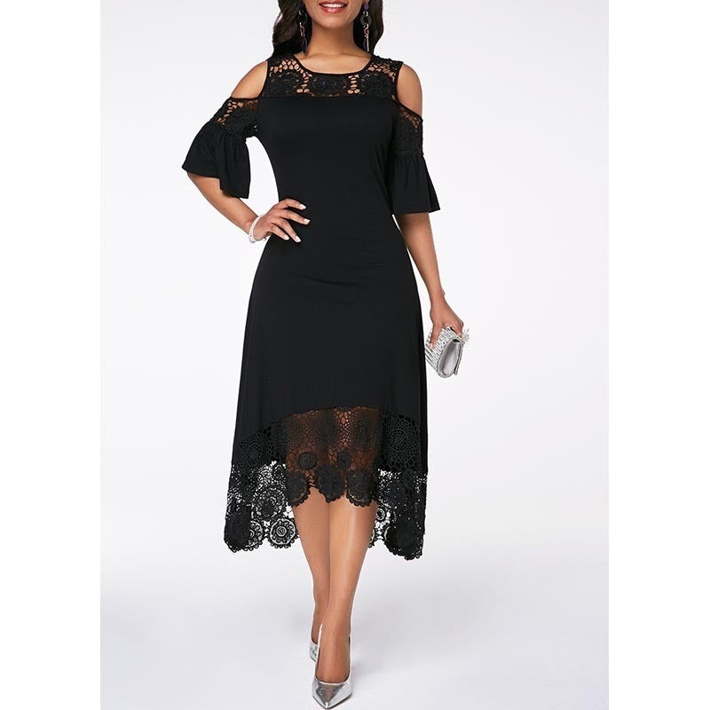 Lace Stitching Ruffled Short-sleeved Pullover Dress Women