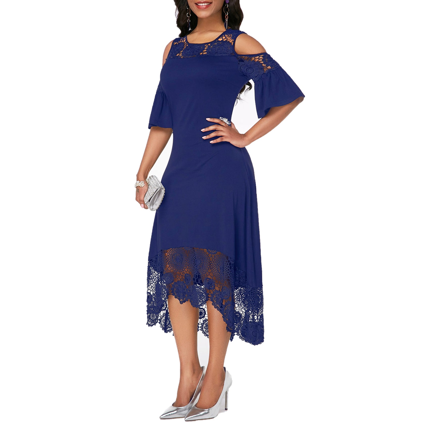 Lace Stitching Ruffled Short-sleeved Pullover Dress Women