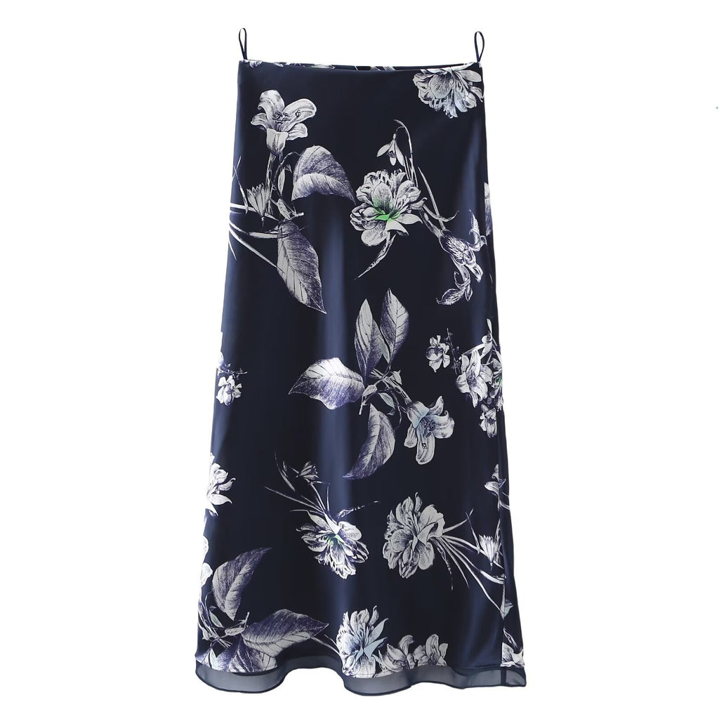 Women's Satin Midi Floral Print Skirt