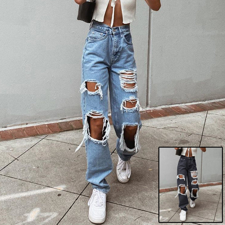 Retro Hole-punched Jeans Women High Waist Straight-crotch Loose Slim Design High-street Vibe Wide-legged Dragging Pants