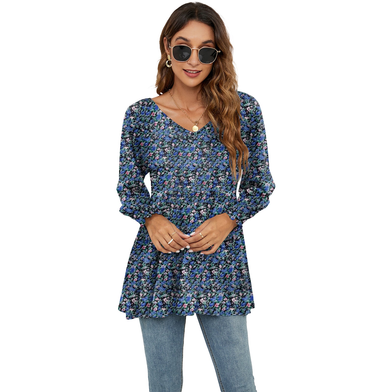 Long Puff Sleeve Tops Women Flowers Print Casual V-Neck Blouse