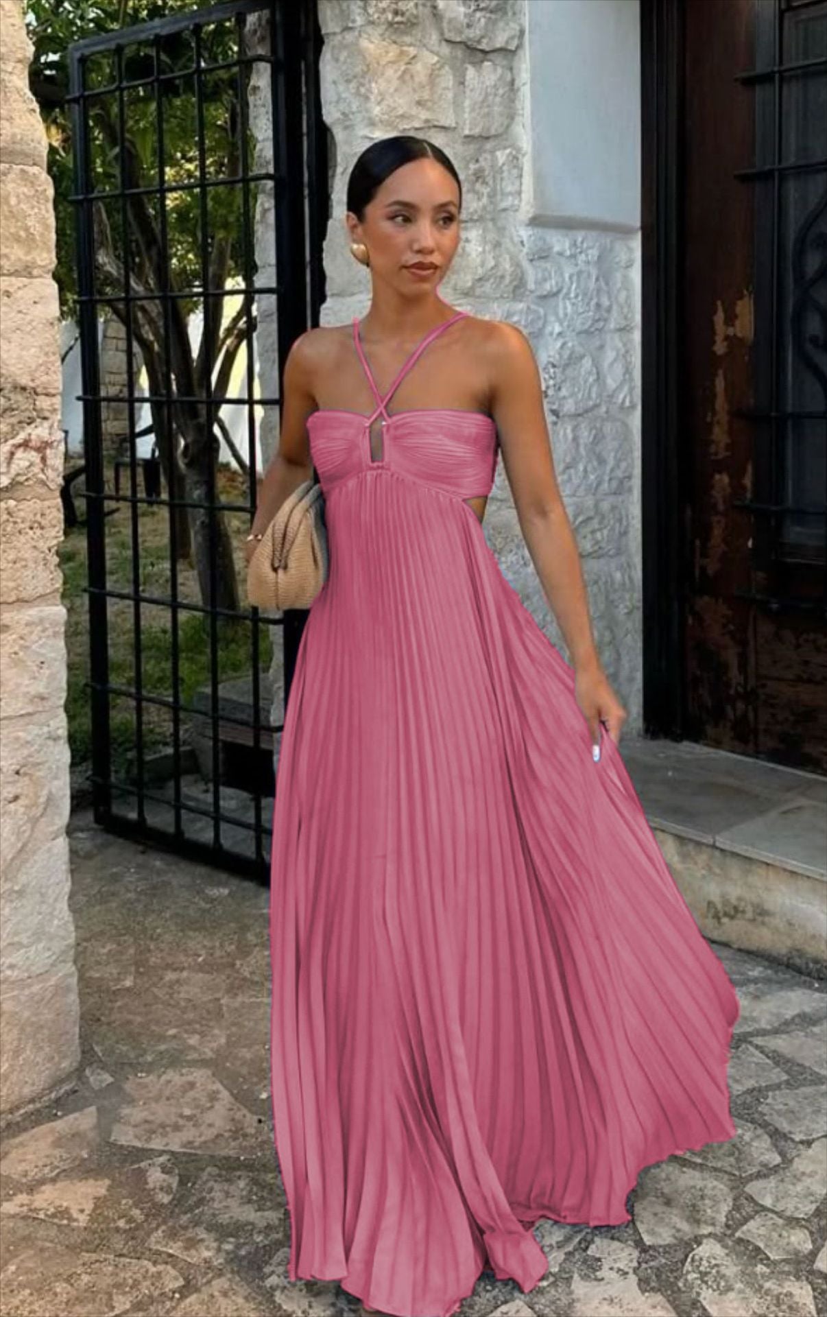Ins Pleated Sleeveless Sling Dress Hollow High Waist Halter Robe Dresses For Evening Party Club Clothing Women